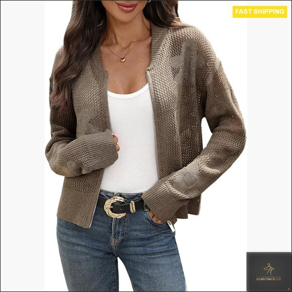 Sweaters - Crochet Cardigan Zipper Sweater Jacket Long Sleeve Ribbed Bomber